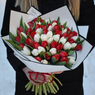 Baltų ir raudonų tulpių puokštė gėlės moterims
