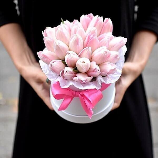 Rožinės tulpės gėlių dėžutėje