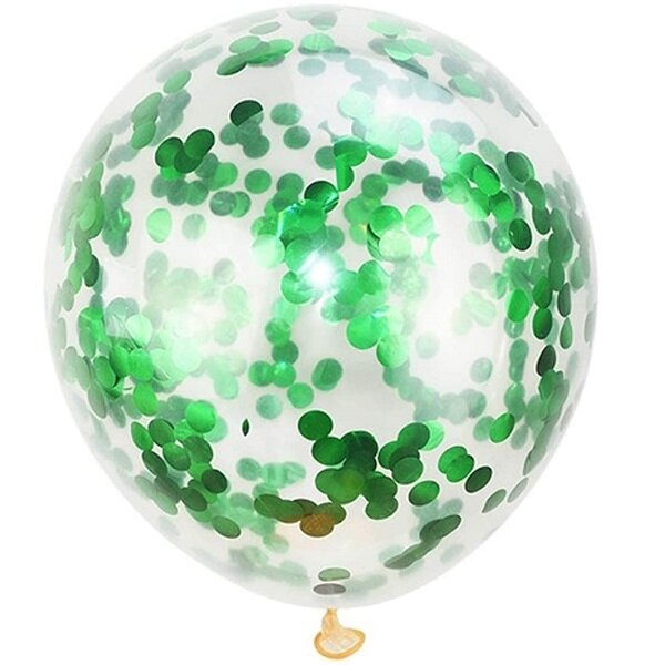 Skaidrus guminis balionas su žaliais konfeti gimtadienio balionai