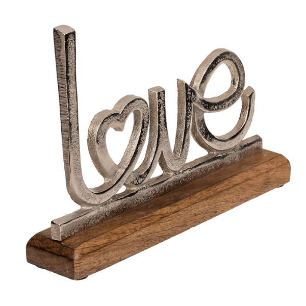 Metalinė pastatoma dekoracija „Love" su mediniu pagrindu