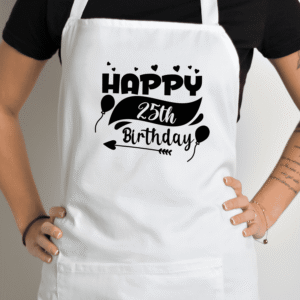 Balta prijuostė su spauda „Happy 25th“