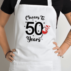 Balta prijuostė su spauda „Cheers to 50 Years“