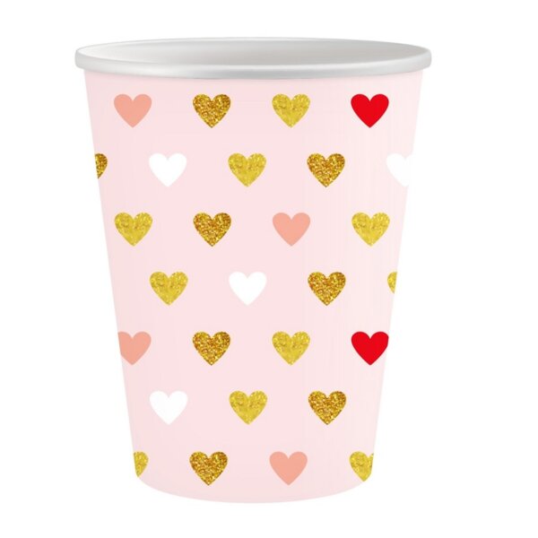 Vienkartiniai popieriniai puodeliai rožinės spalvos su širdelėmis