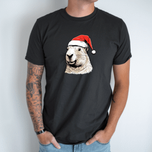 Unisex marškinėliai su spauda „Capybara su kalėdine kepure“