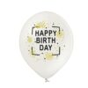 Baltas guminis helio balionas Happy birthday su auksiniais taškeliais