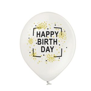 Baltas guminis helio balionas Happy birthday su auksiniais taškeliais