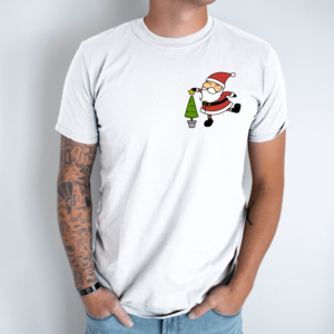 Unisex marškinėliai su spauda „Kalėdų senelis puošia eglutę“