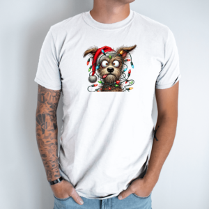 Unisex marškinėliai su spauda „Kalėdinis girliandų šuo“