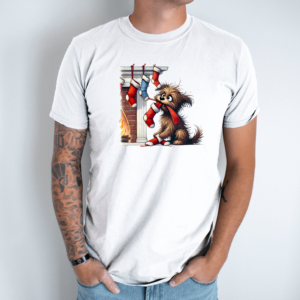 Unisex marškinėliai su spauda „Šuo Kalėdų vakare“