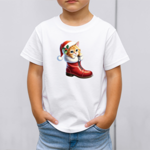 Vaikiški marškinėliai su spauda „Kalėdinis batukas su kačiuku“