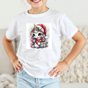 Vaikiški marškinėliai su spauda „Vienaragis su Kalėdine dovana“