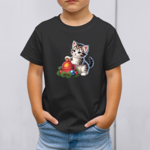 Vaikiški marškinėliai su spauda „Kačiukas su Kalėdiniu žaisliuku“