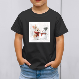 Vaikiški marškinėliai su spauda „Zuikučio ir sniego senio šilta akimirka“