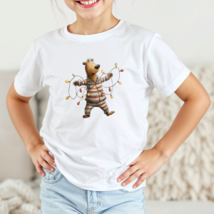 Vaikiški marškinėliai su spauda „Kalėdų švieselių meškutis“