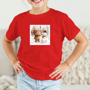 Vaikiški marškinėliai su spauda „Meškiuko ir sniego senio susitikimas“