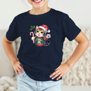 Vaikiški marškinėliai su spauda „Kačiukas su Kalėdiniu megztuku“