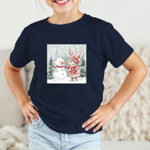 Vaikiški marškinėliai su spauda „Zuikutės ir sniego senio susitikimas“