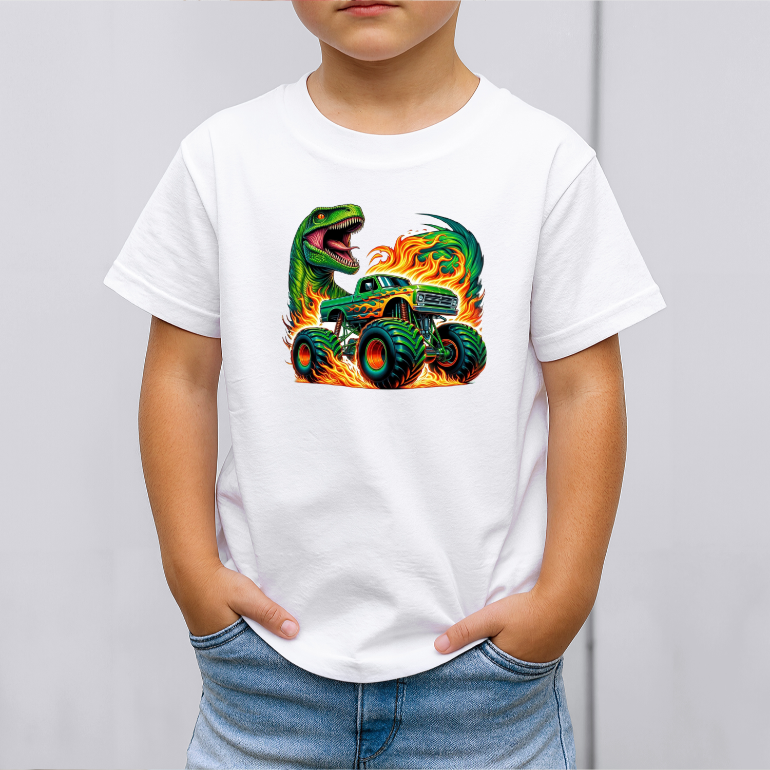 Vaikiski-Marskineliai-balta-Monster-truck-su-dinozauru