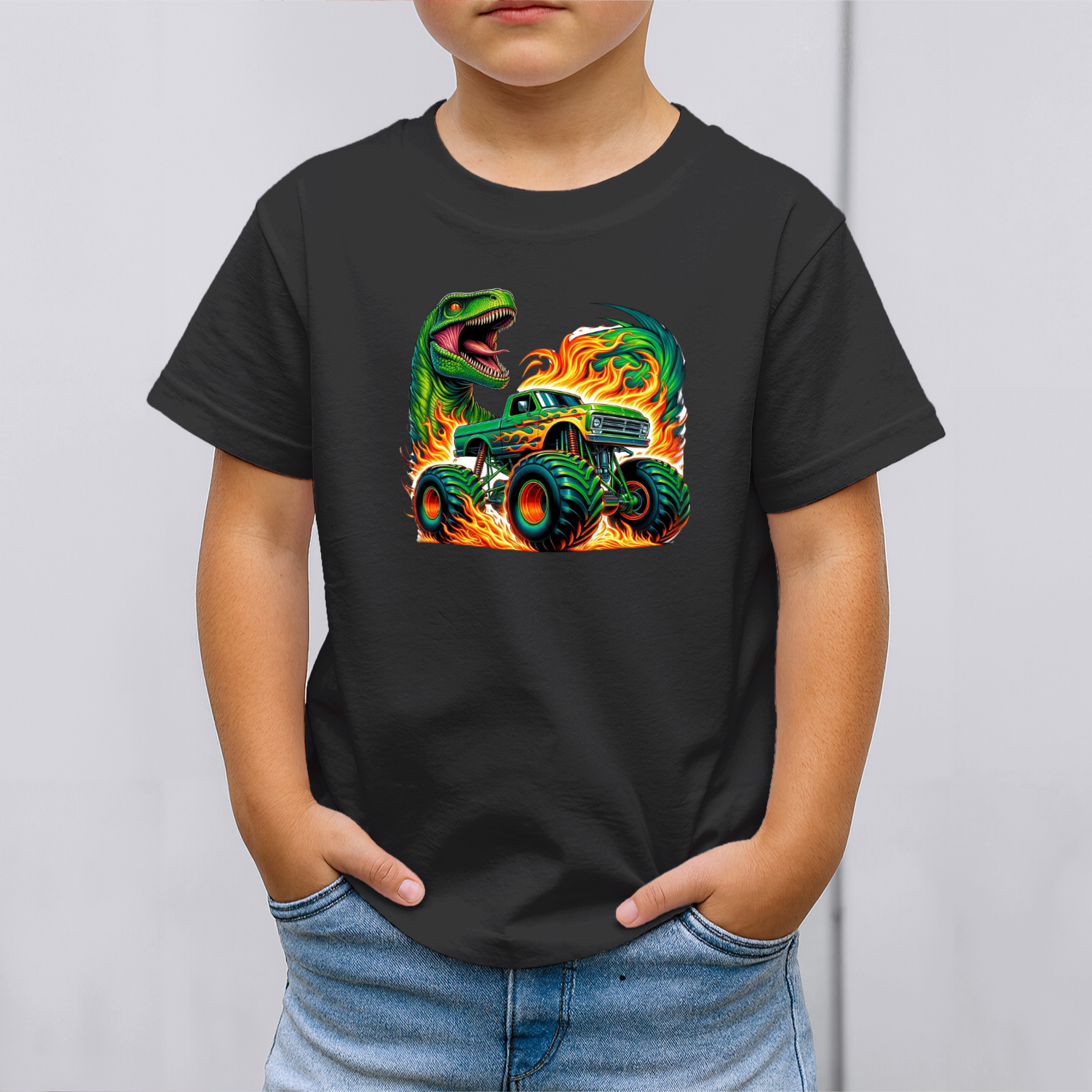 Vaikiski-Marskineliai-juoda-Monster-truck-su-dinozauru