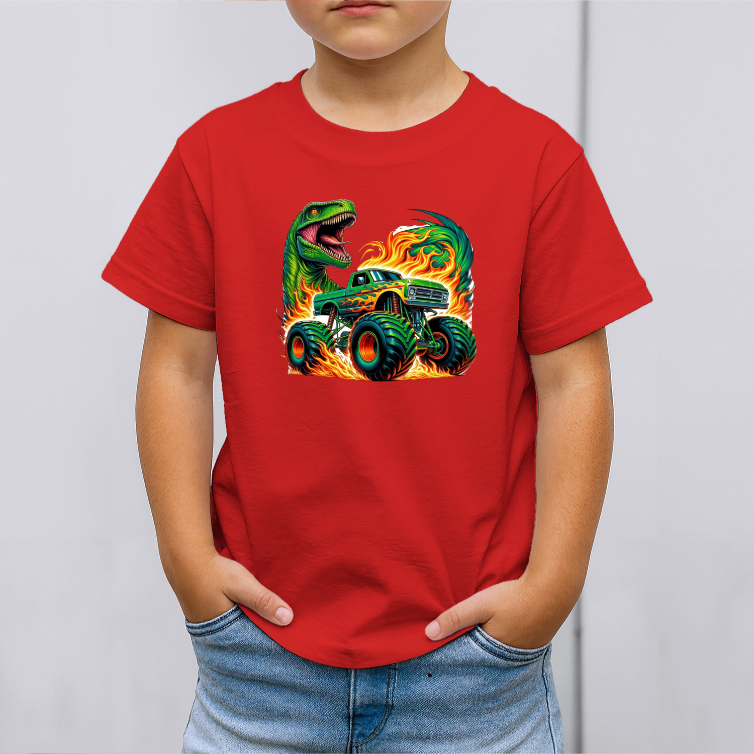 Vaikiski-Marskineliai-raudona-Monster-truck-su-dinozauru