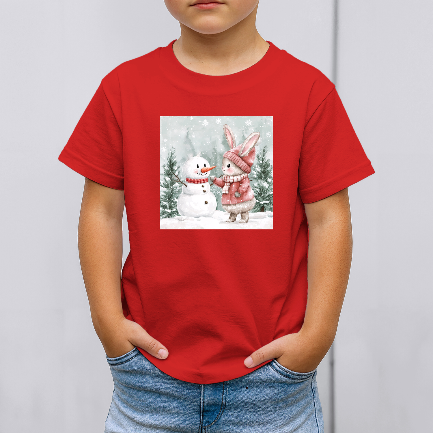 Vaikiski-Marskineliai-raudona-Zuikutes-ir-sniego-senio-susitikimas