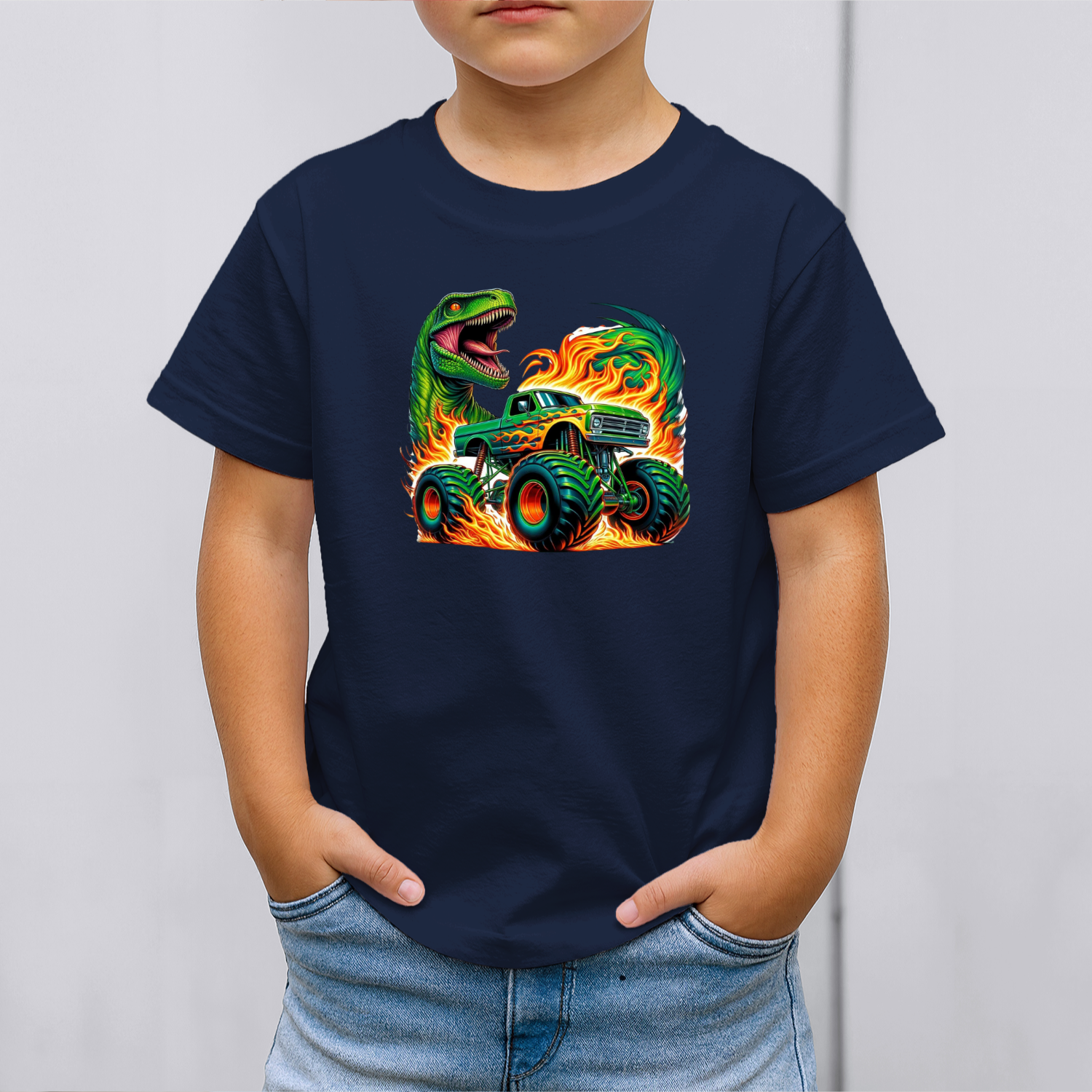 Vaikiski-Marskineliai-t.melyna-Monster-truck-su-dinozauru